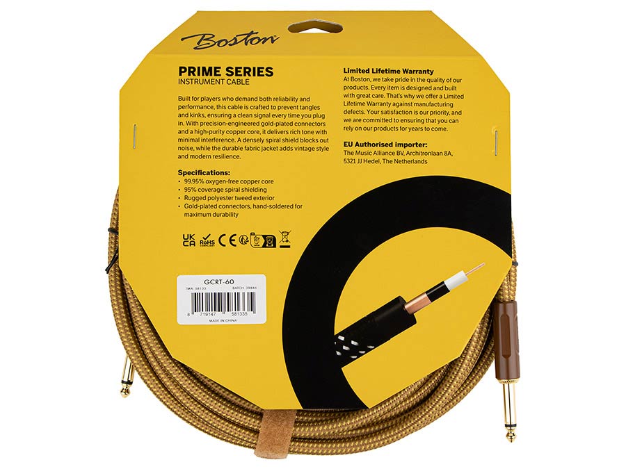 Boston GCRT-60 Gevlochten instrumentkabel Geel Tweed 6.0 meter