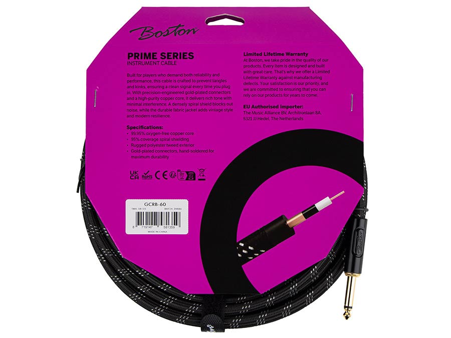 Boston GCRB-60 Gevlochten instrumentkabel Zwart Tweed 6.0 meter