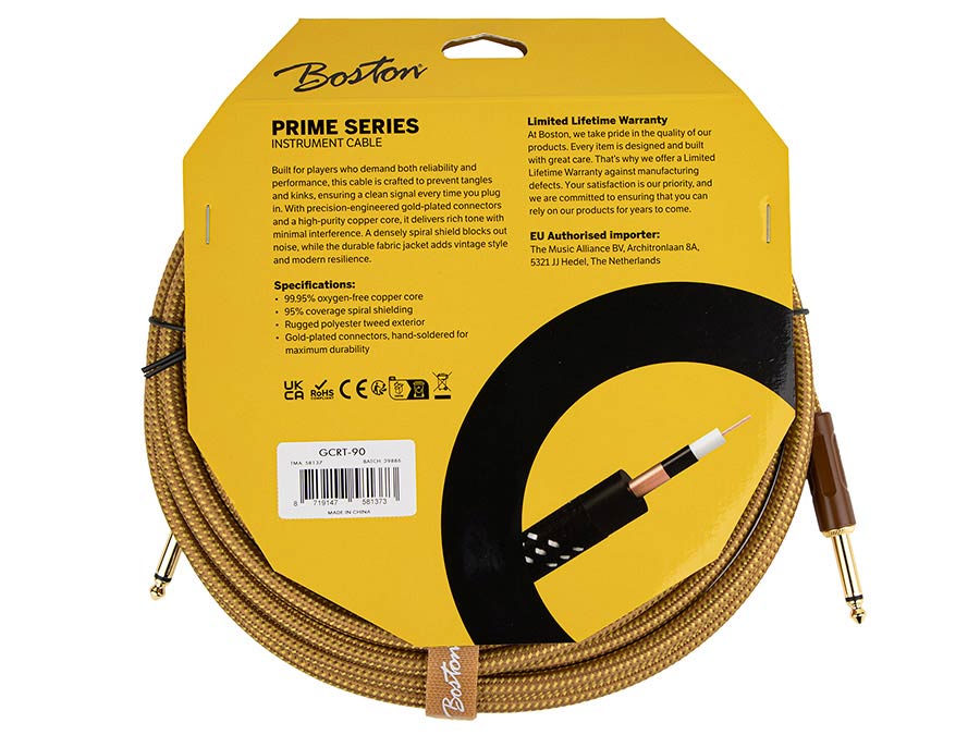 Boston GCRT-90 Gevlochten instrumentkabel Geel Tweed 9.0 meter