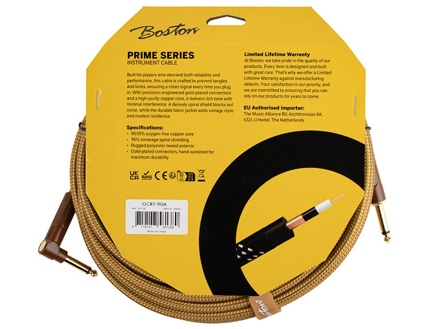 Boston GCRT-90A Gevlochten instrumentkabel Geel Tweed 9.0 meter