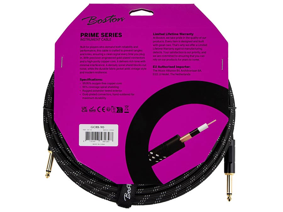 Boston GCRB-90 Gevlochten instrumentkabel Zwart Tweed 9.0 meter