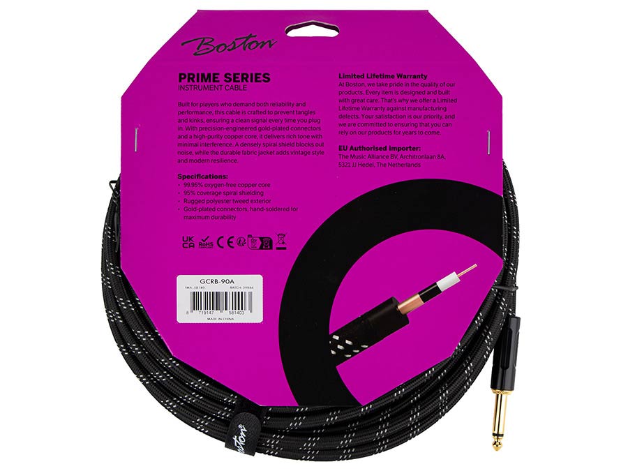 Boston GCRB-90A Gevlochten instrumentkabel Zwart Tweed 9.0 meter