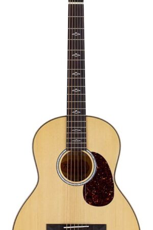 parlor guitar, solid spruce top, mahogany body, flamed maple & abalone, natural gloss
